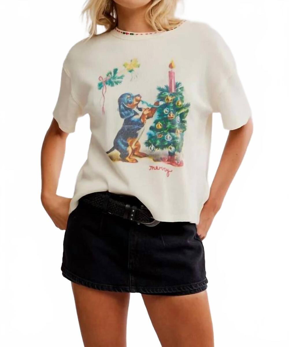 NEW FREE PEOPLE women's merry meowy tee in cream